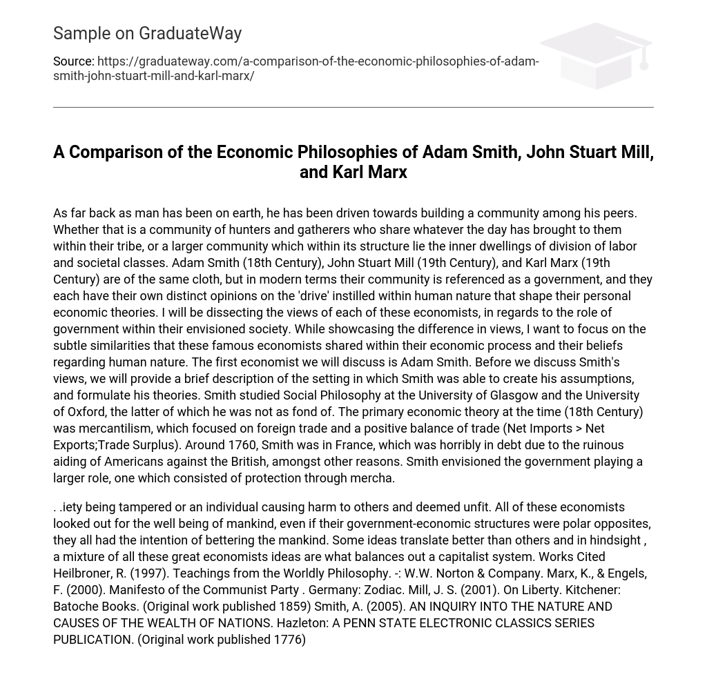 A Comparison of the Economic Philosophies of Adam Smith, John Stuart Mill, and Karl Marx