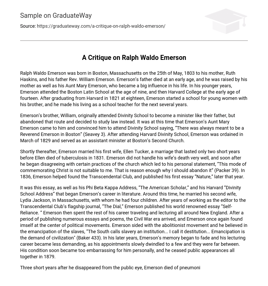 A Critique on Ralph Waldo Emerson Short Summary