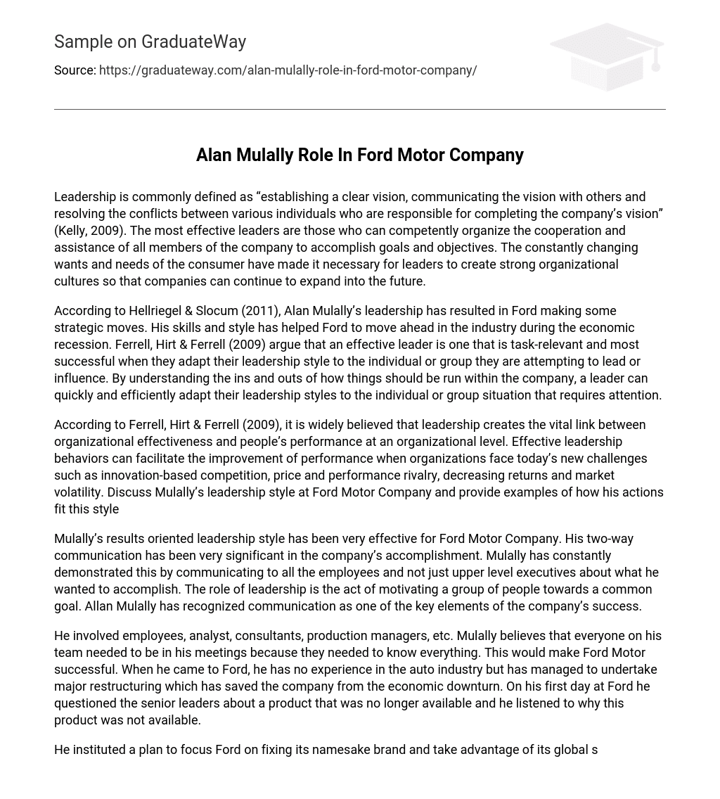 Alan Mulally Role In  Ford Motor Company