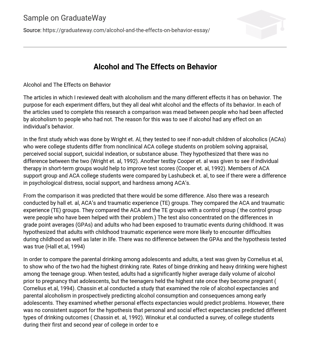 Alcohol and The Effects on Behavior