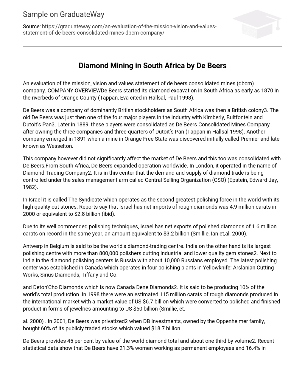 Diamond Mining in South Africa by De Beers Analysis