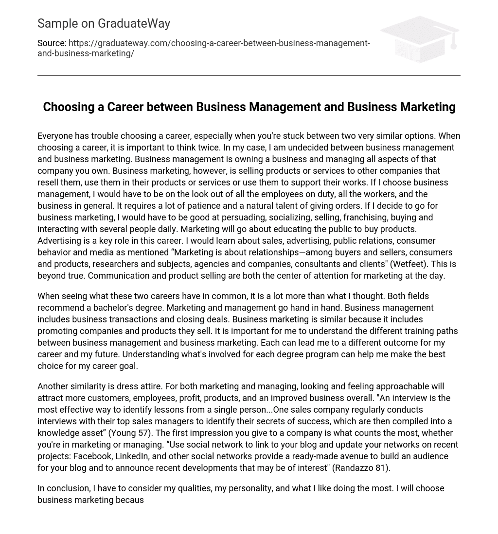 Choosing a Career between Business Management and Business Marketing