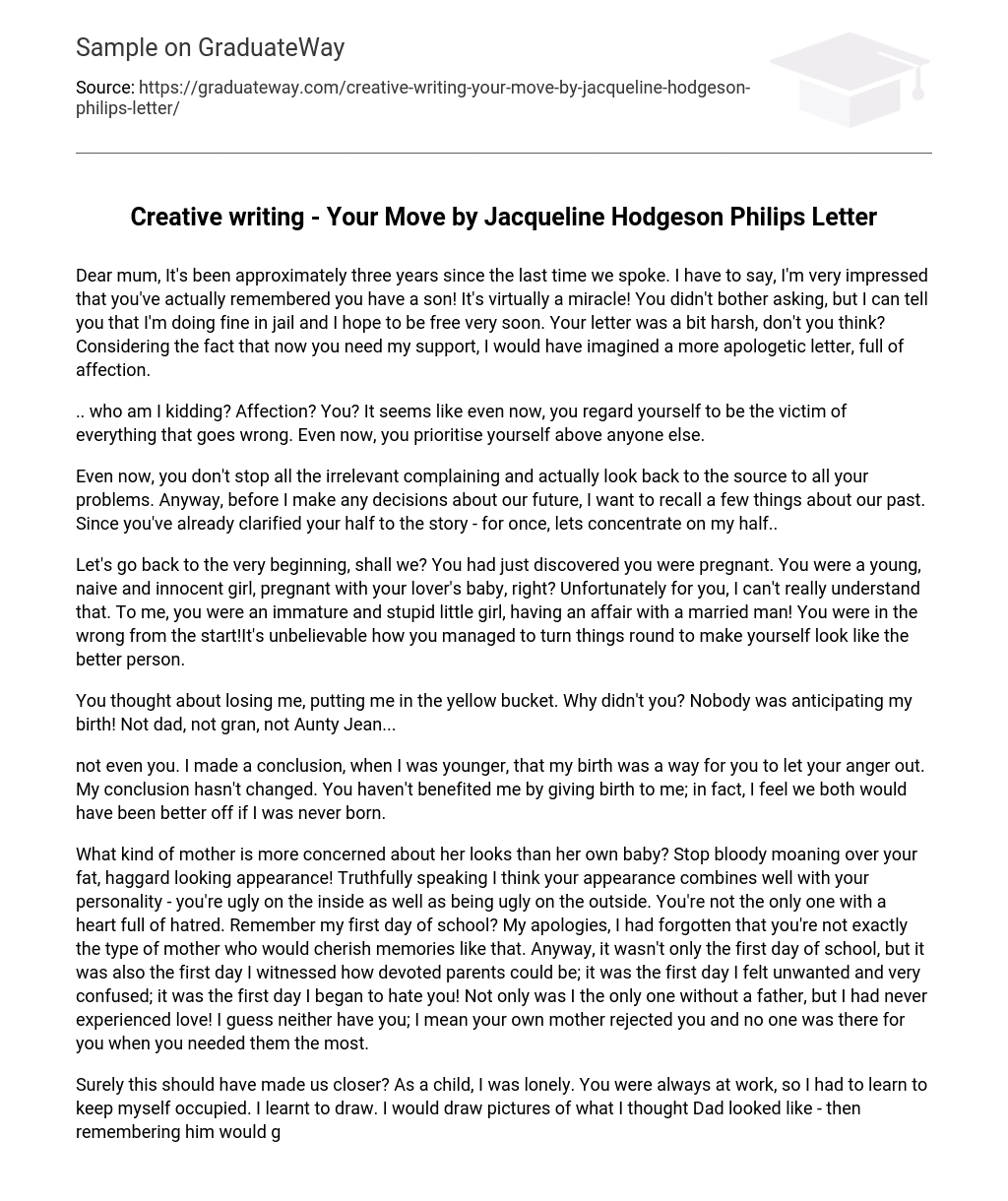 Creative writing – Your Move by Jacqueline Hodgeson Philips Letter
