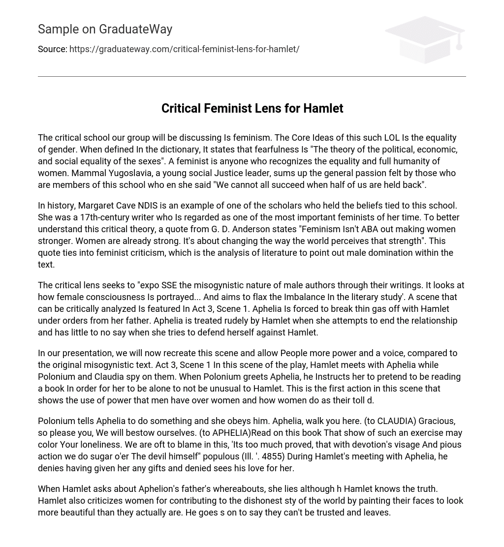 Critical Feminist Lens for Hamlet