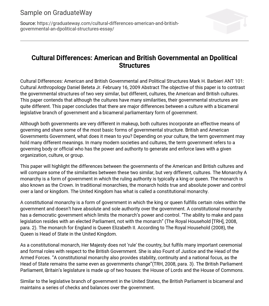 Cultural Differences: American and British Governmental an Dpolitical Structures