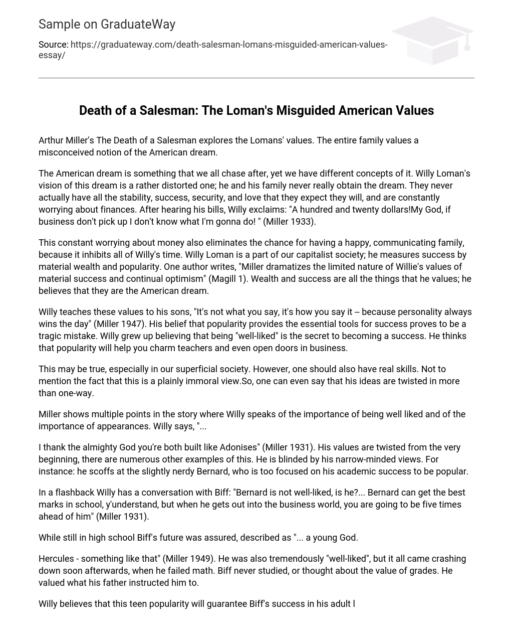 Death of a Salesman: The Loman’s Misguided American Values
