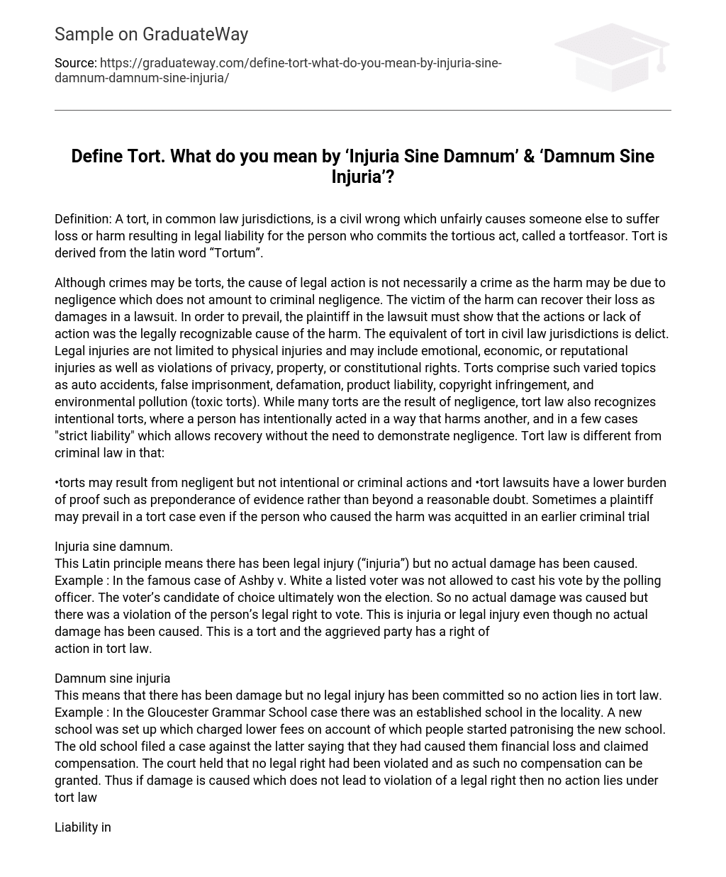 Define Tort. What do you mean by ‘Injuria Sine Damnum’ & ‘Damnum Sine Injuria’?