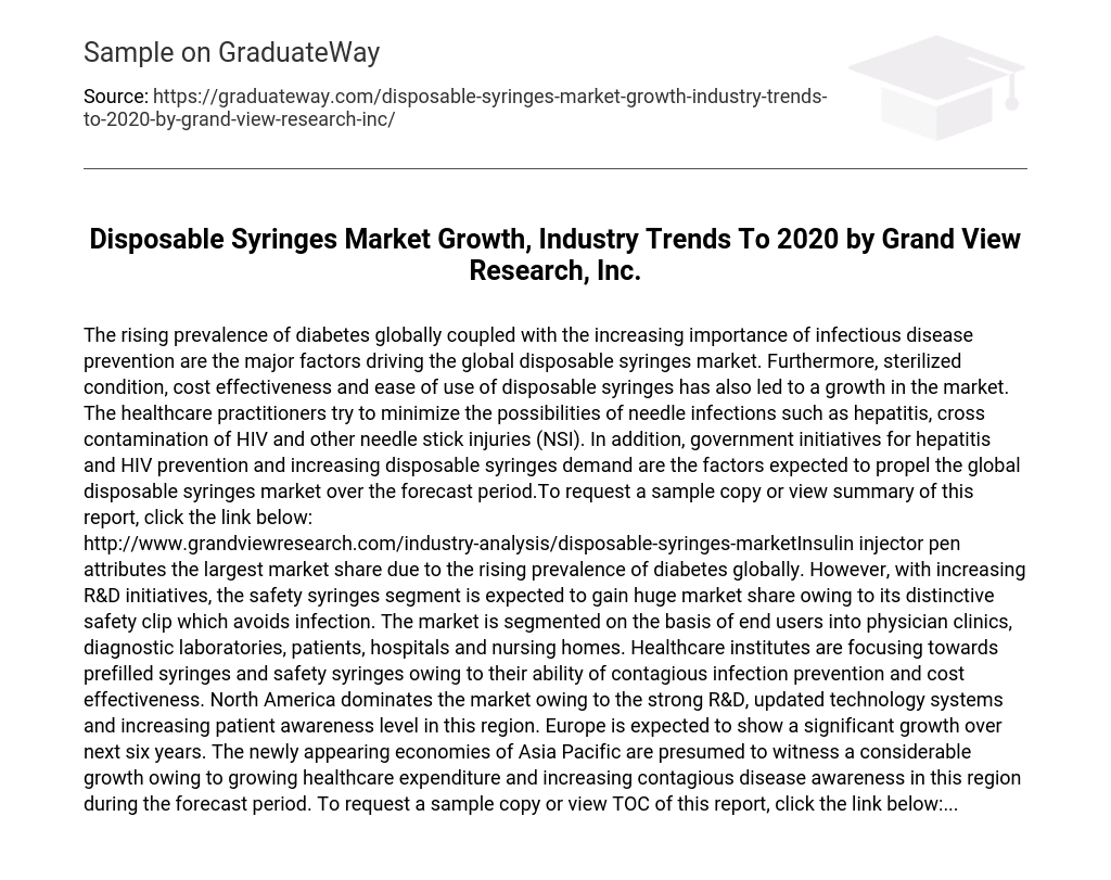 Disposable Syringes Market Growth, Industry Trends To 2020 by Grand View Research, Inc.