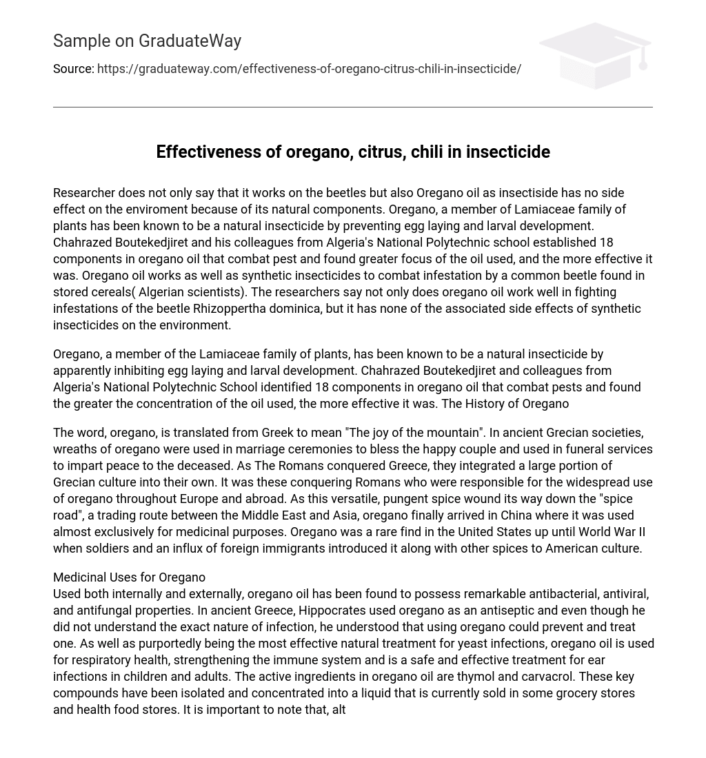 Effectiveness of oregano, citrus, chili in insecticide Research Paper