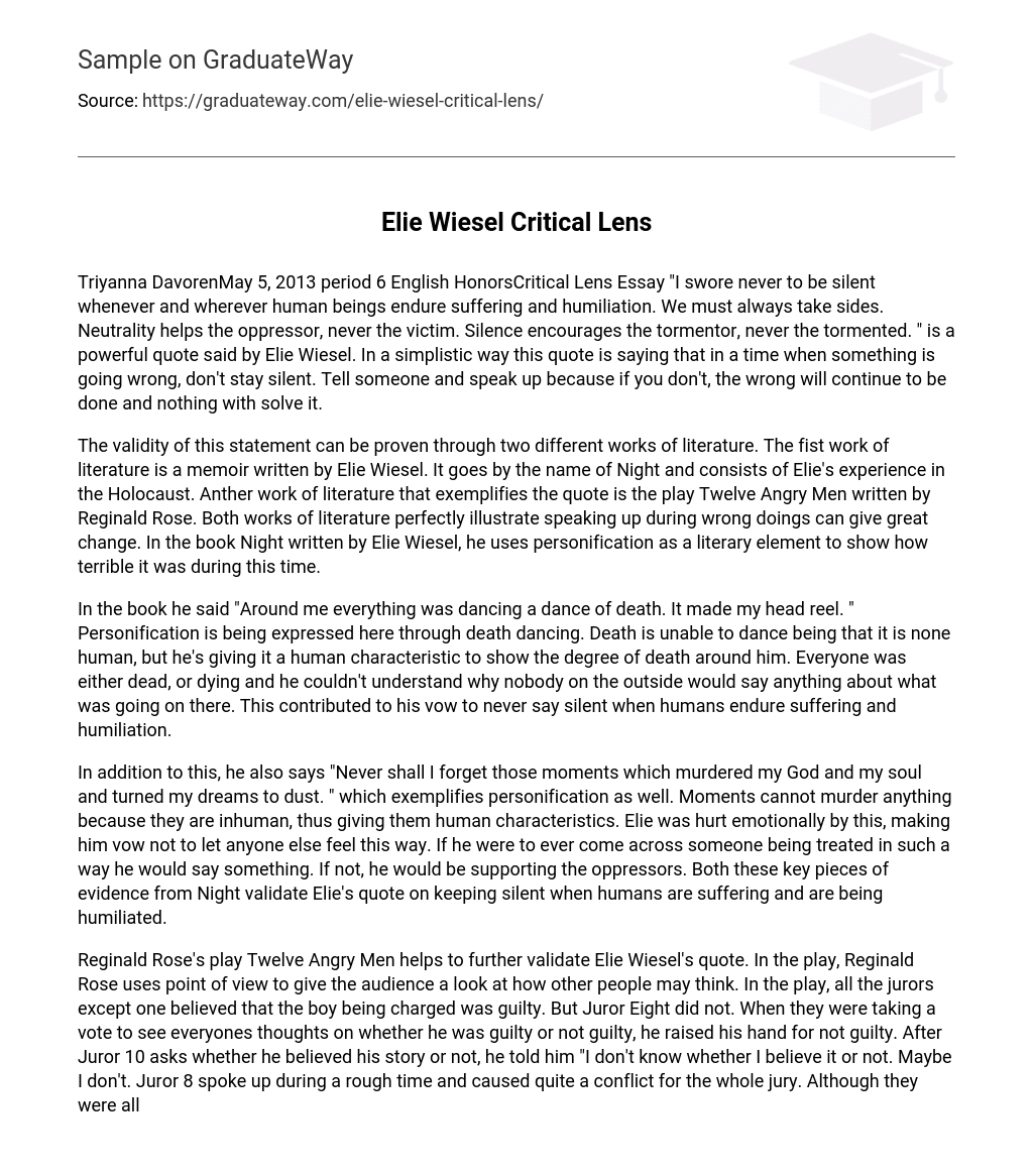 Elie Wiesel Critical Lens