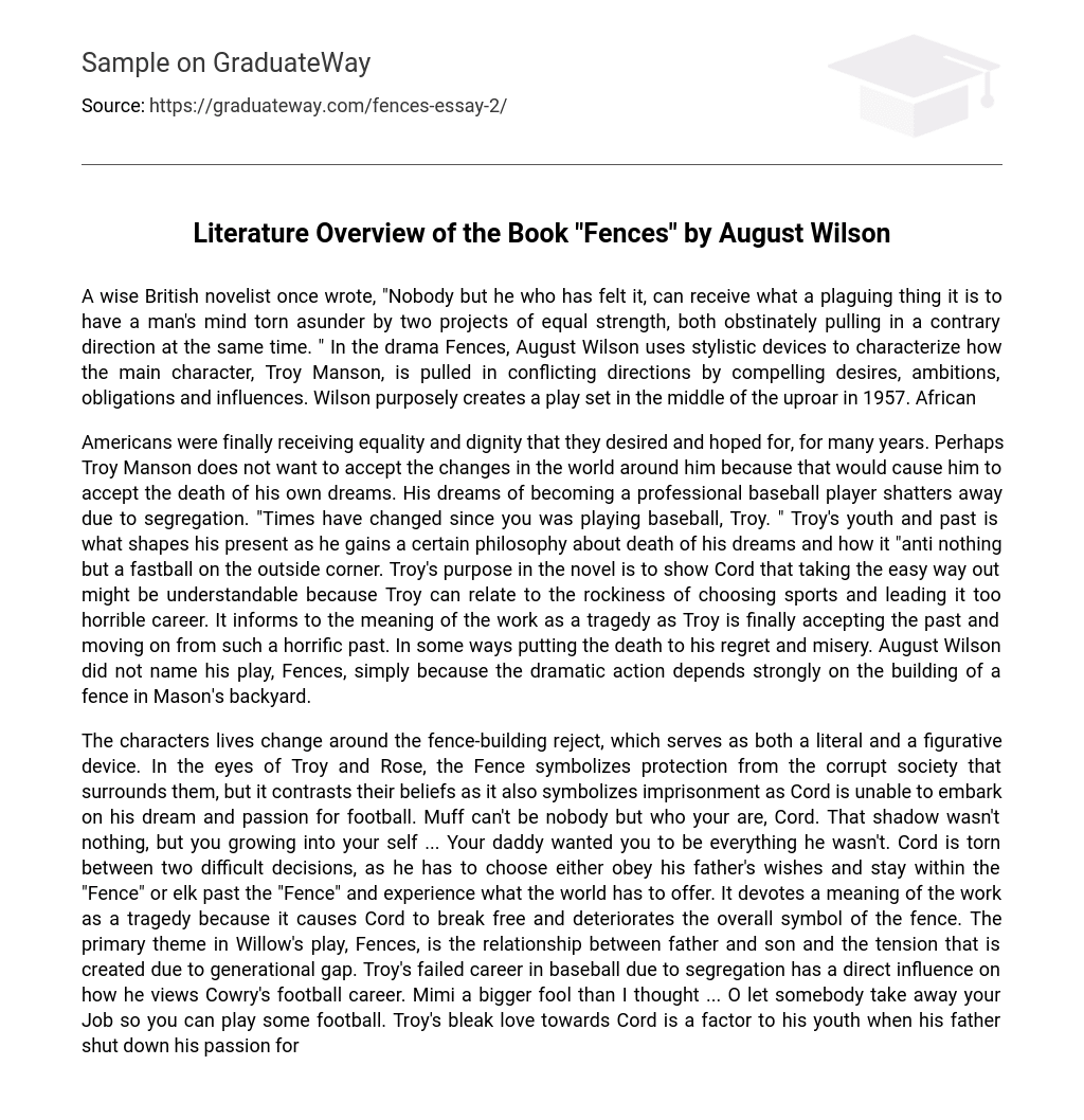 Literature Overview of the Book “Fences” by August Wilson