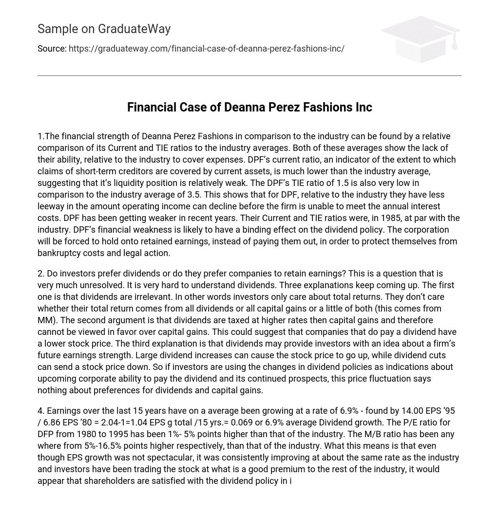 Financial Case of Deanna Perez Fashions Inc