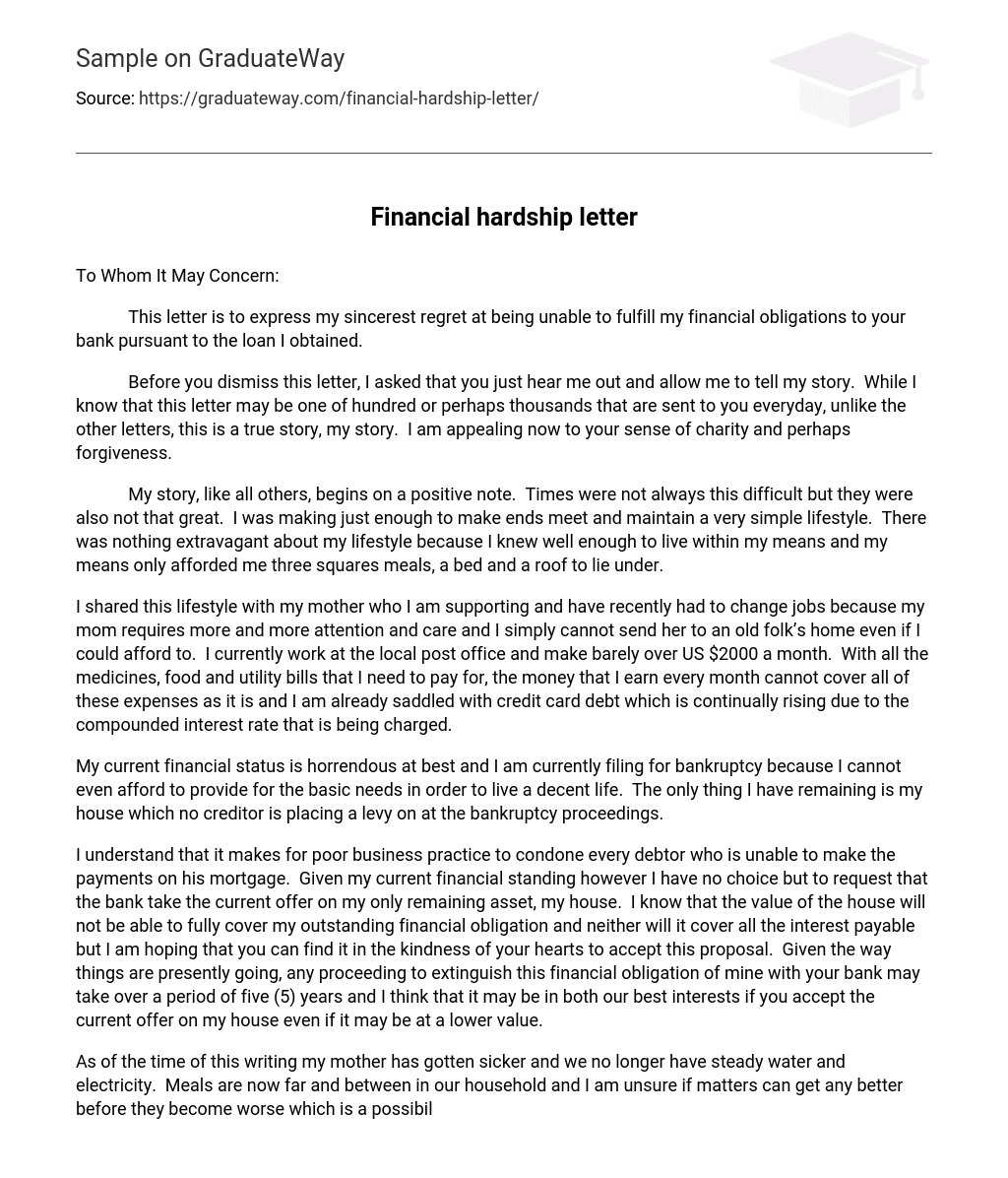 Financial hardship letter