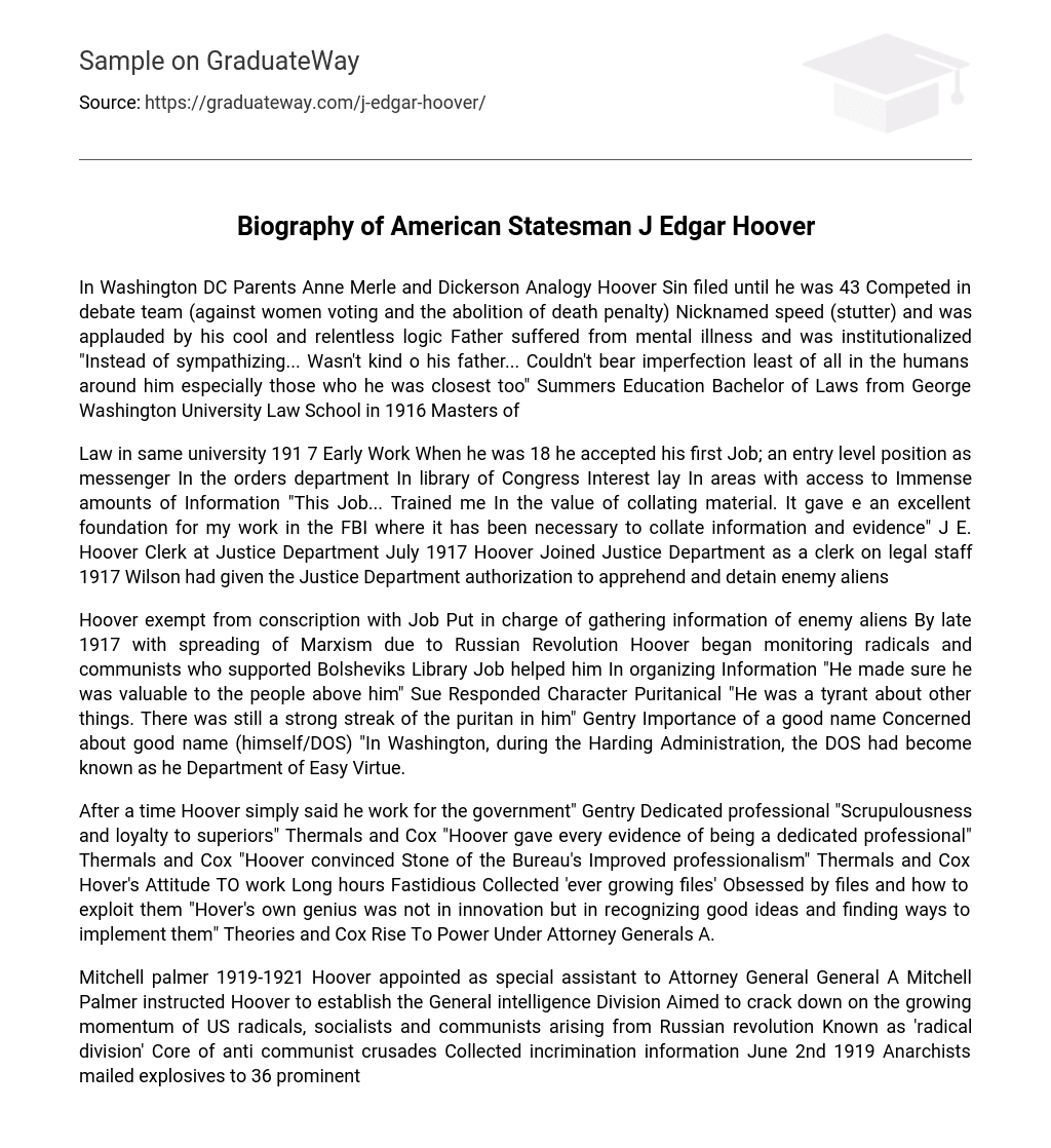 Biography of American Statesman J Edgar Hoover