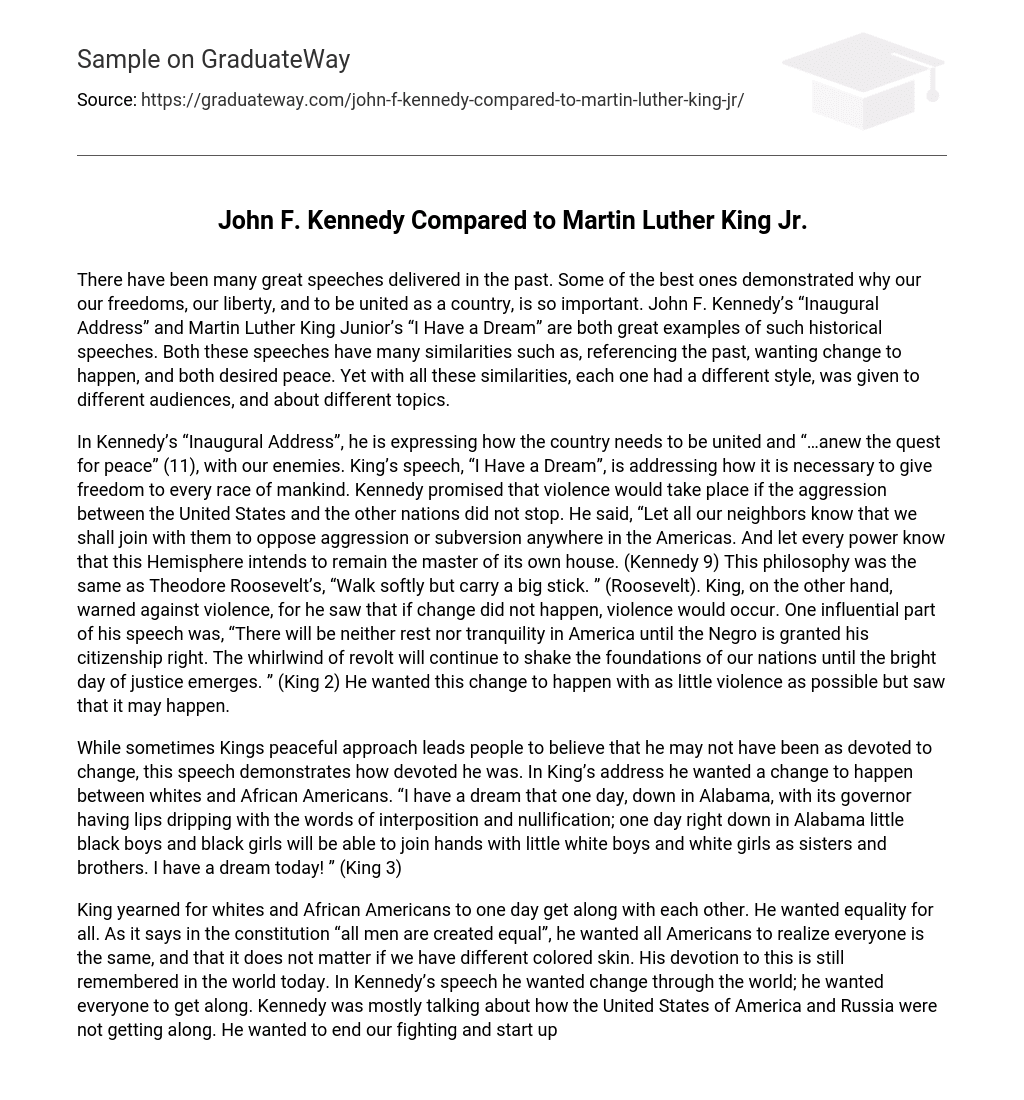 John F. Kennedy Compared to Martin Luther King Jr.