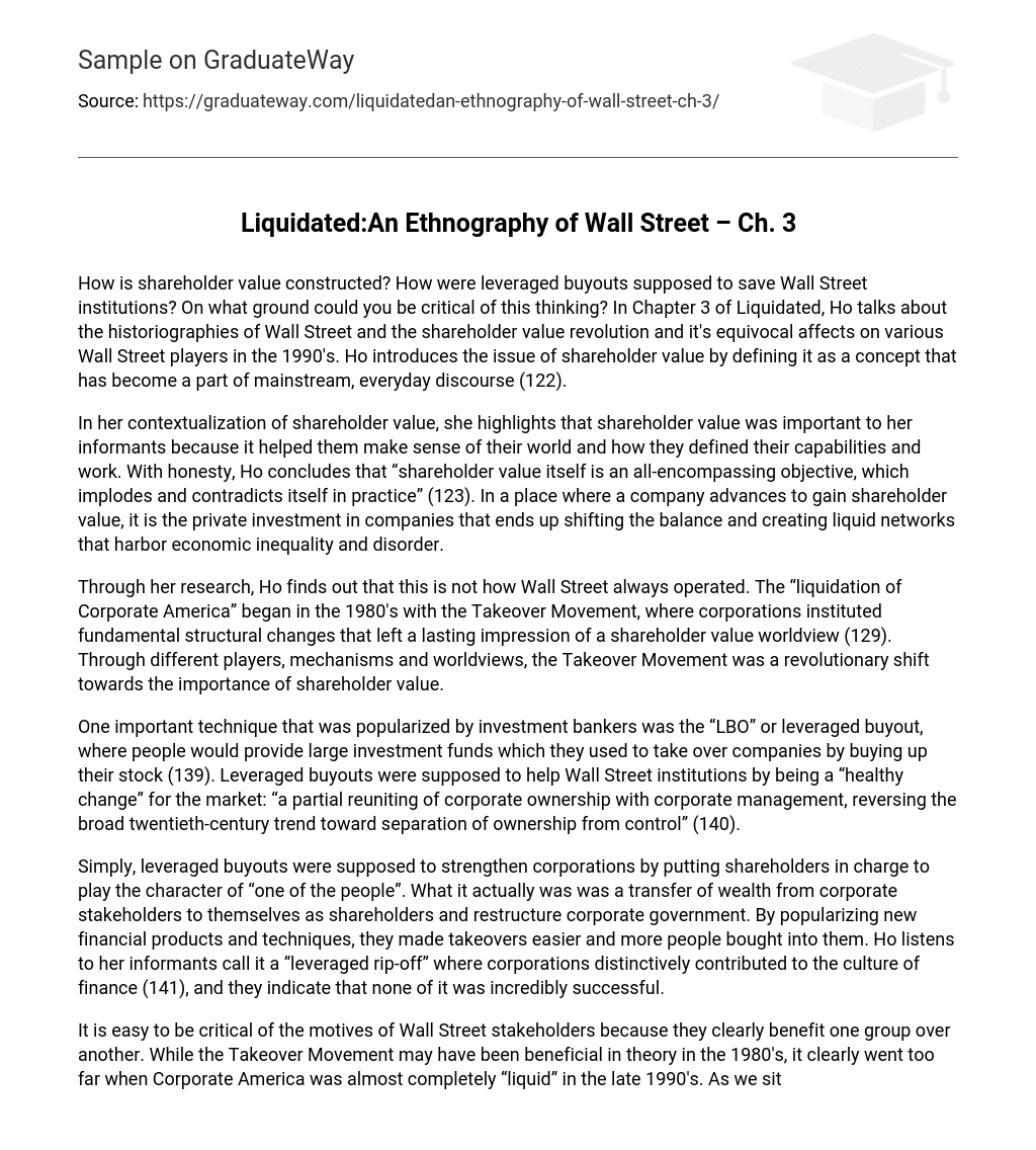 Liquidated:An Ethnography of Wall Street – Ch. 3 Short Summary