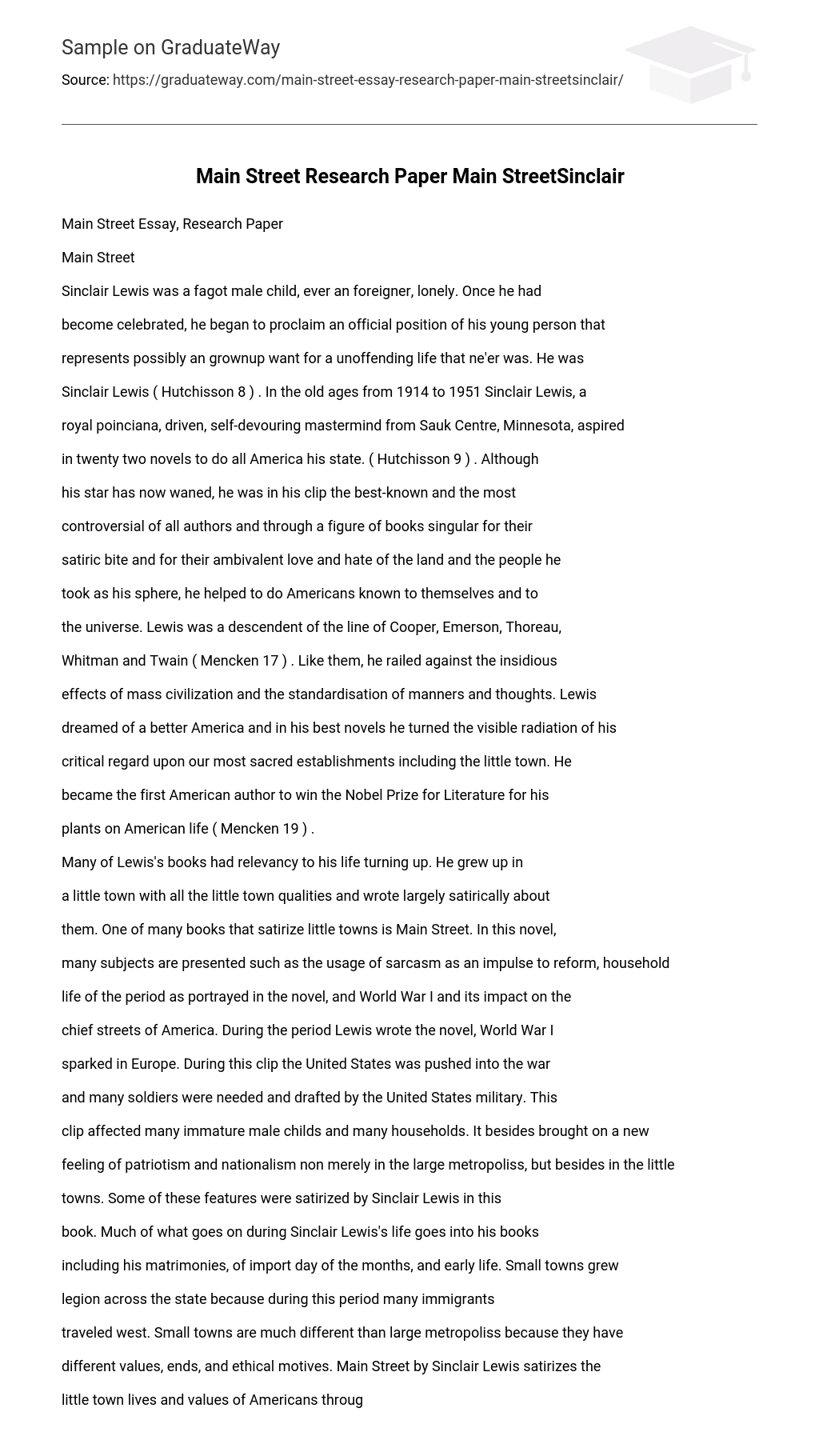 “Main Street” Written by Sinclair Lewis