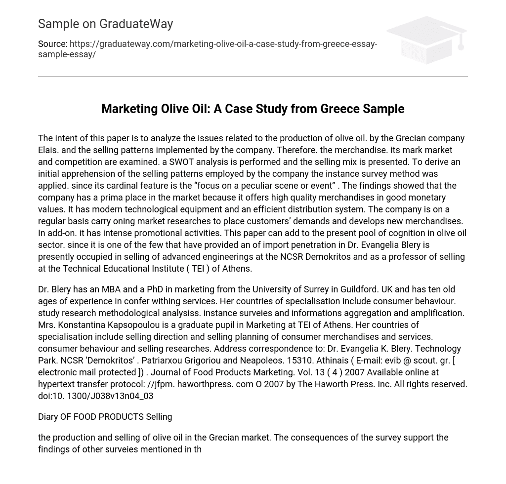 Marketing Olive Oil: A Case Study from Greece Sample
