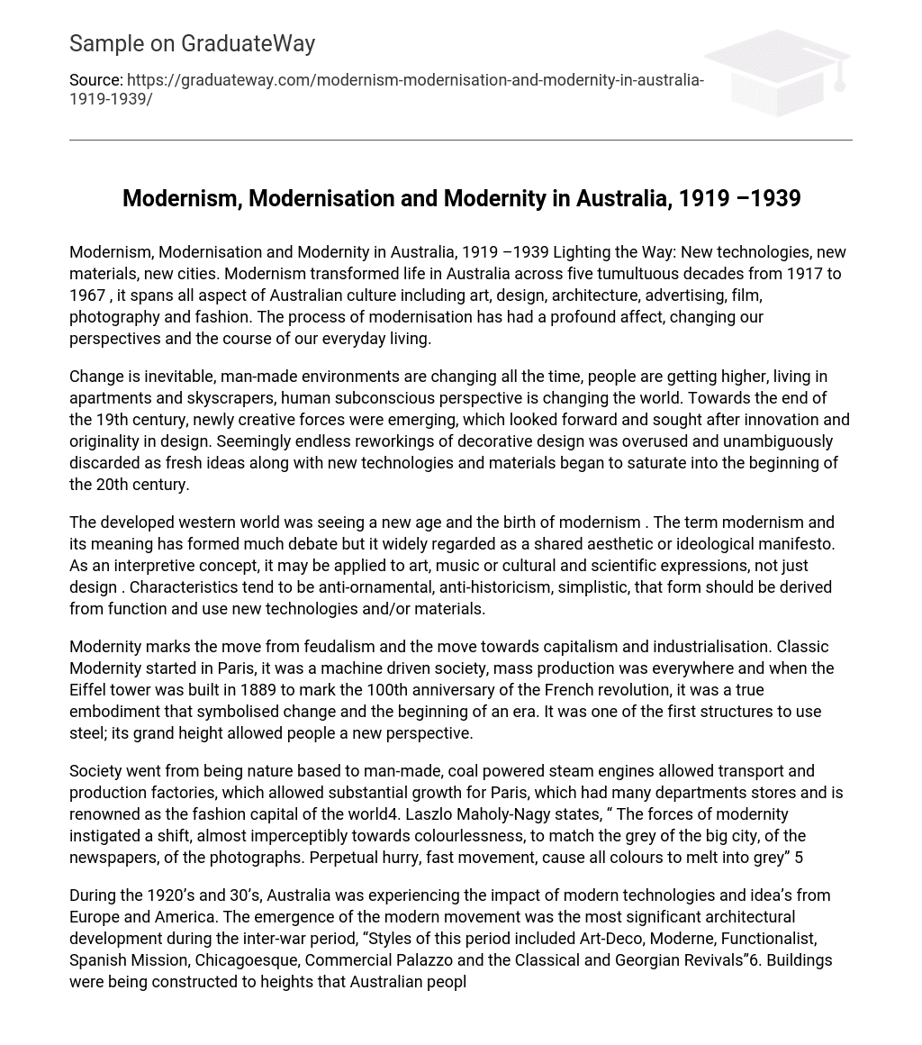 Modernism, Modernisation and Modernity in Australia, 1919 –1939
