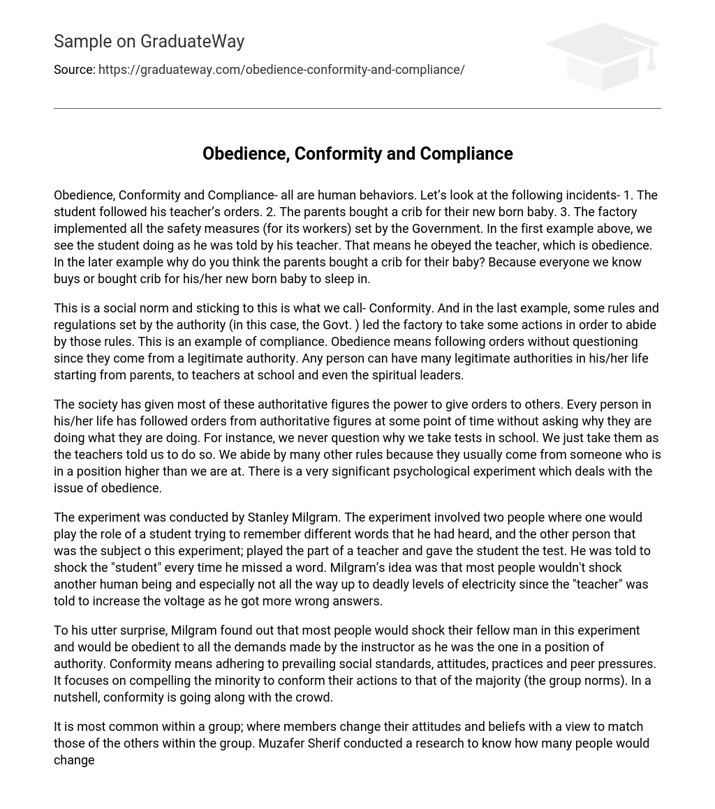 Obedience, Conformity and Compliance