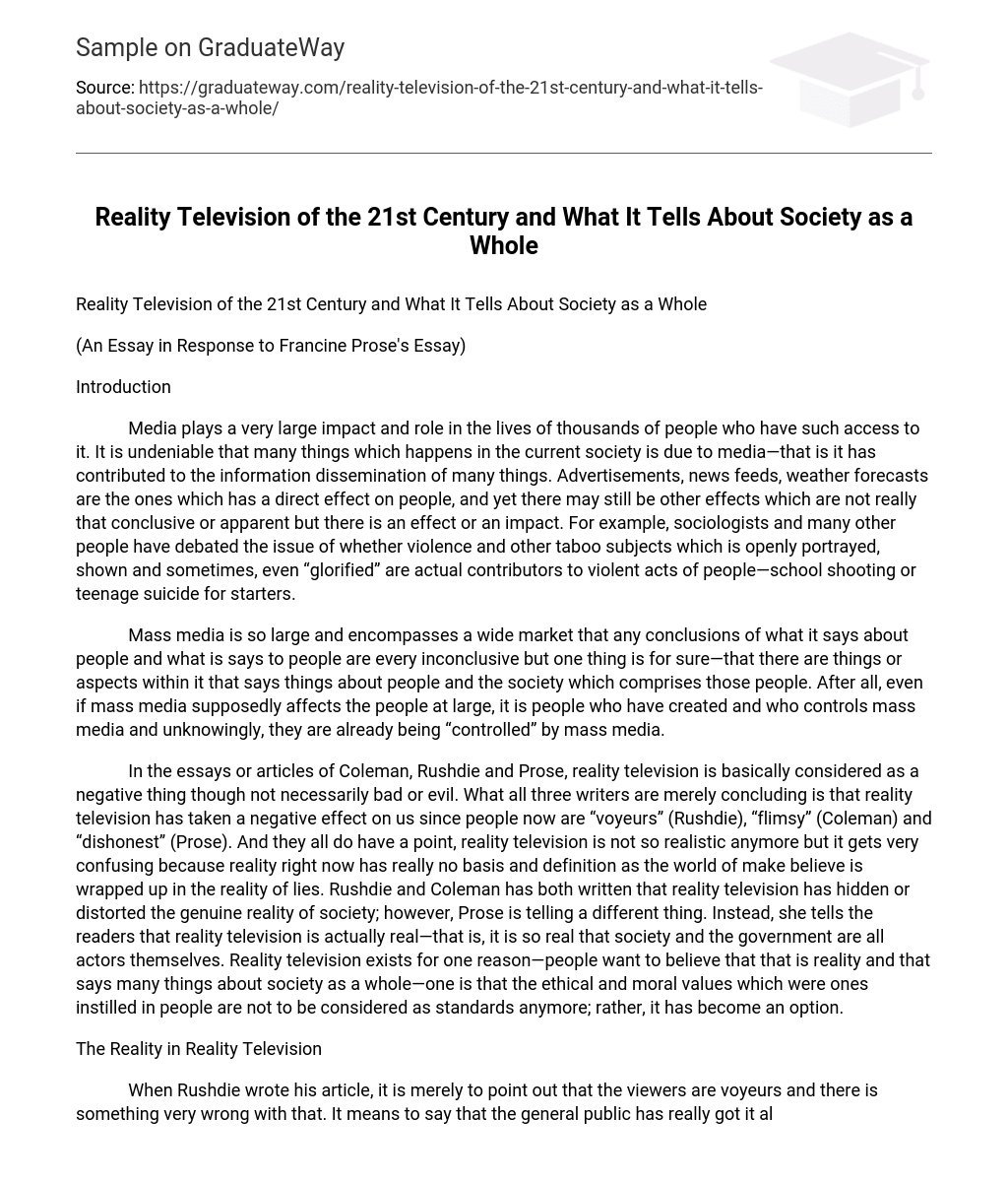 Reality Television of the 21st Century and What It Tells About Society as a Whole