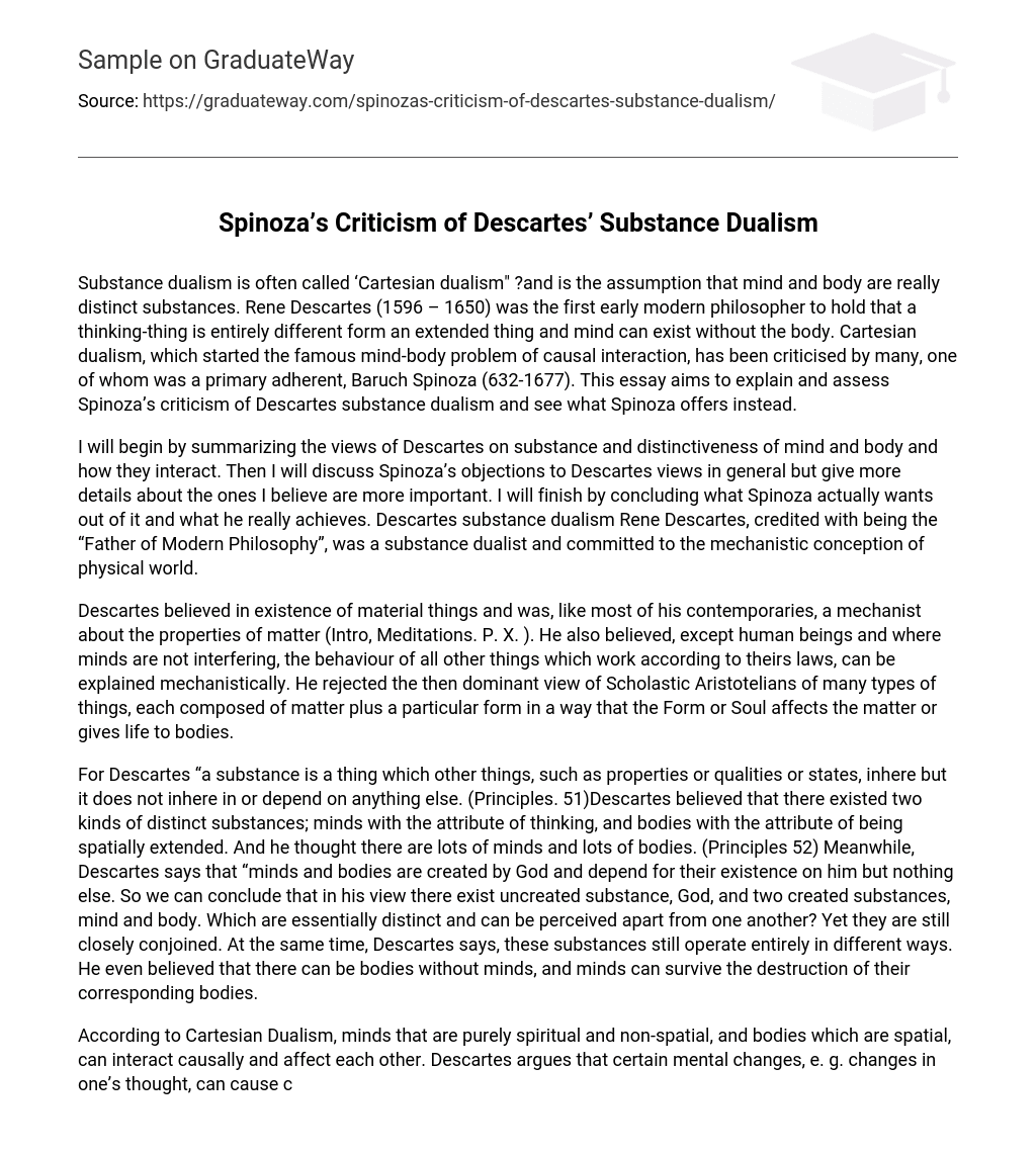 Spinoza’s Criticism of Descartes’ Substance Dualism