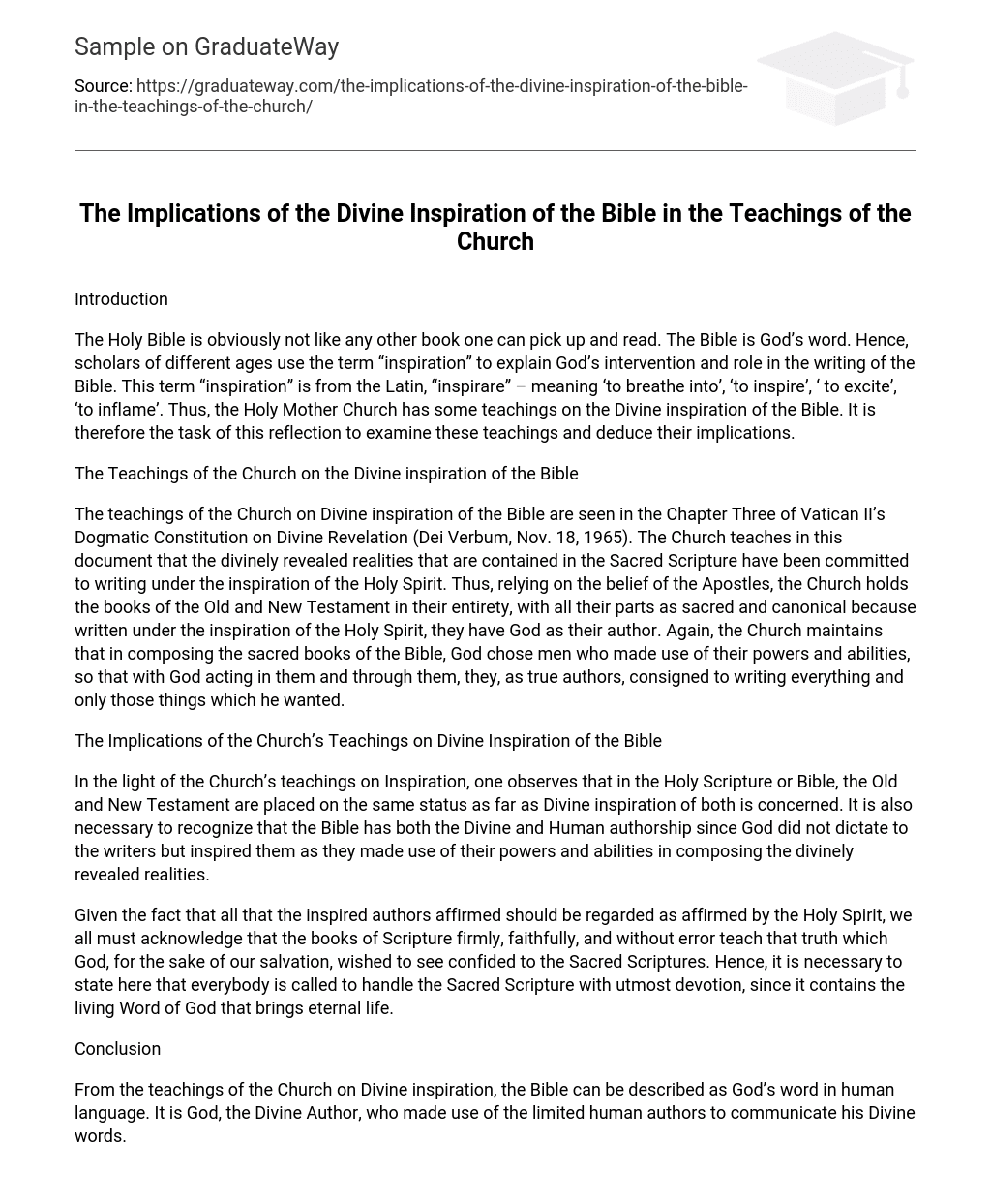The Implications of the Divine Inspiration of the Bible in the Teachings of the Church