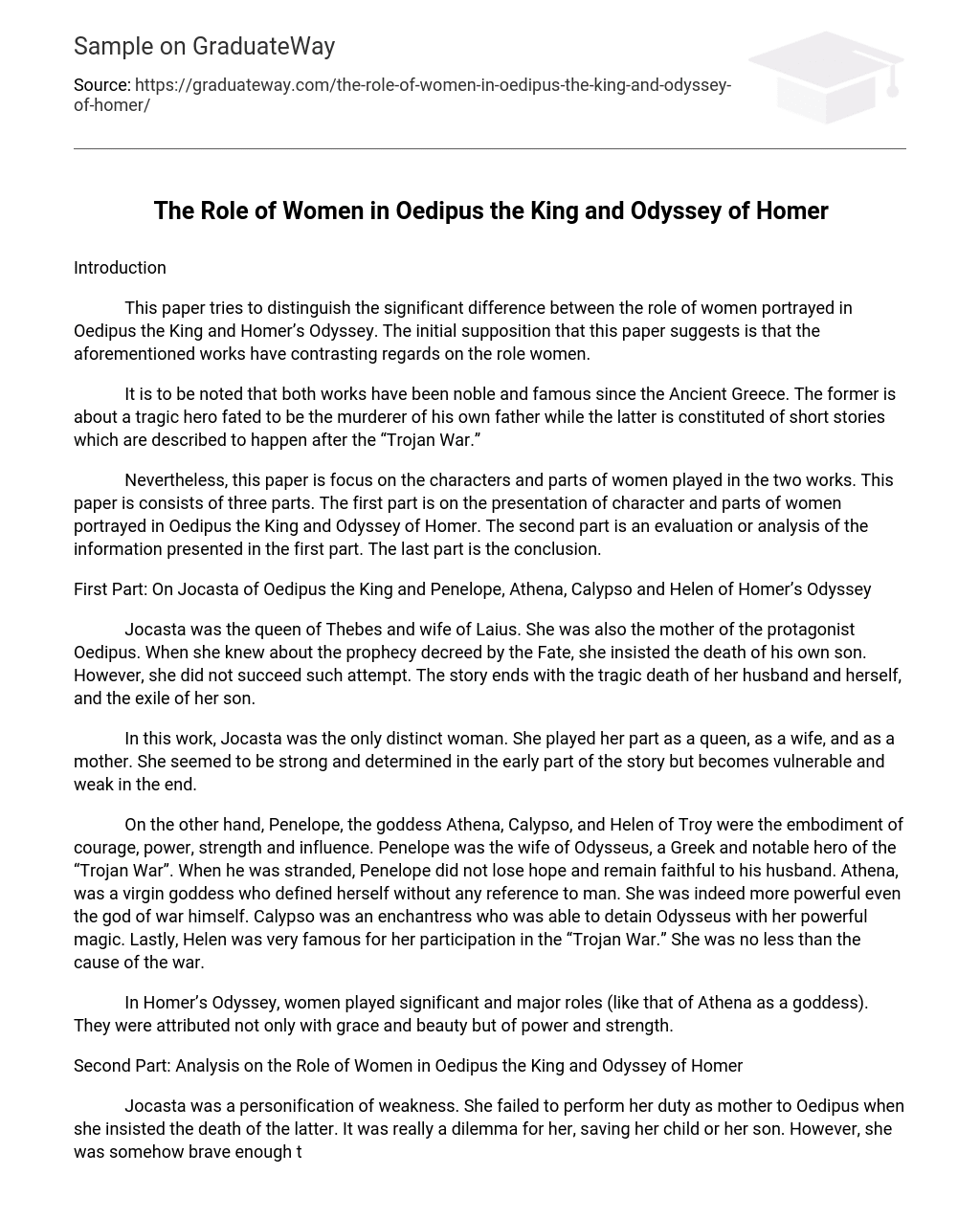 The Role of Women in Oedipus the King and Odyssey of Homer Character Analysis