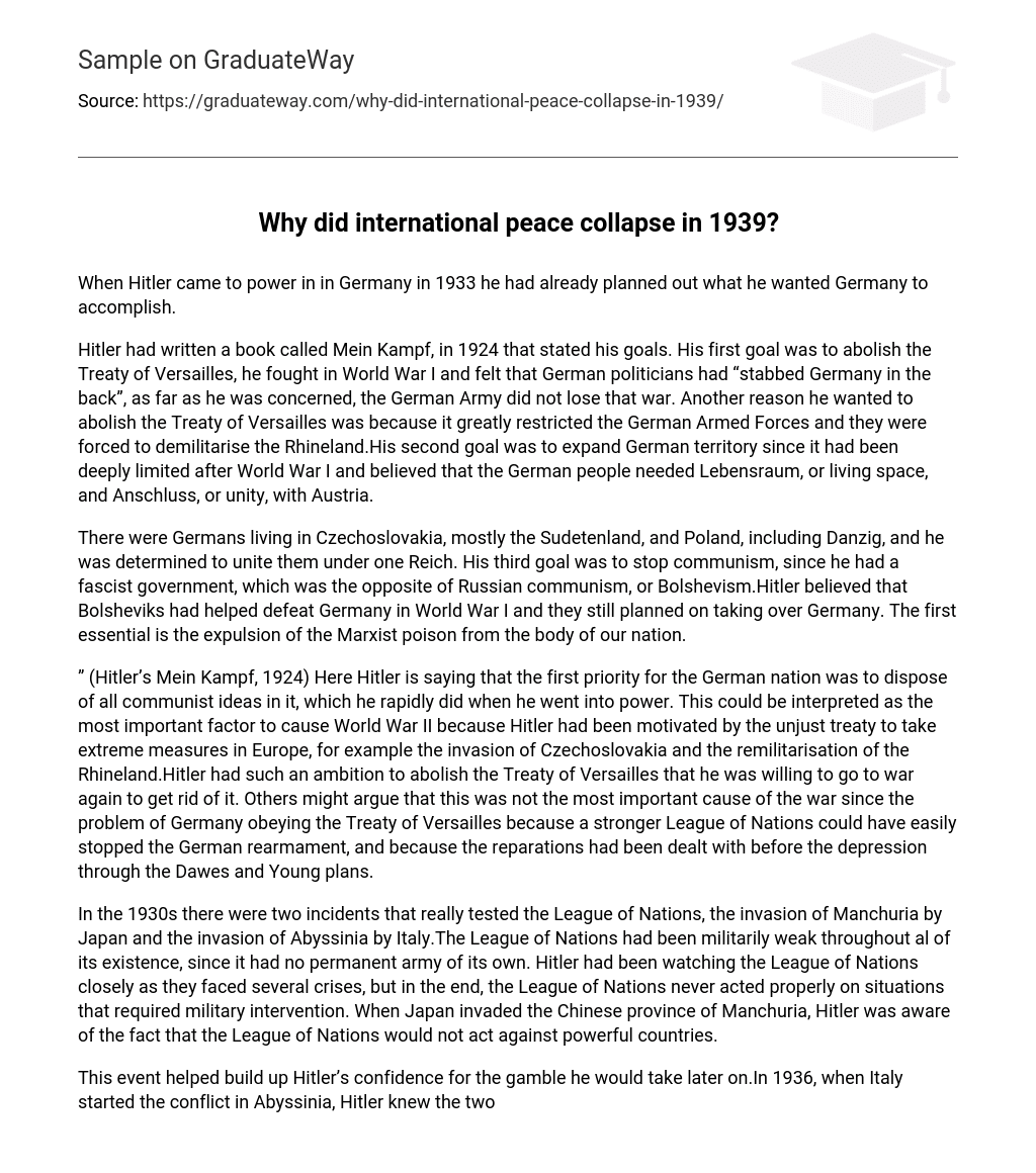 Why did international peace collapse in 1939?