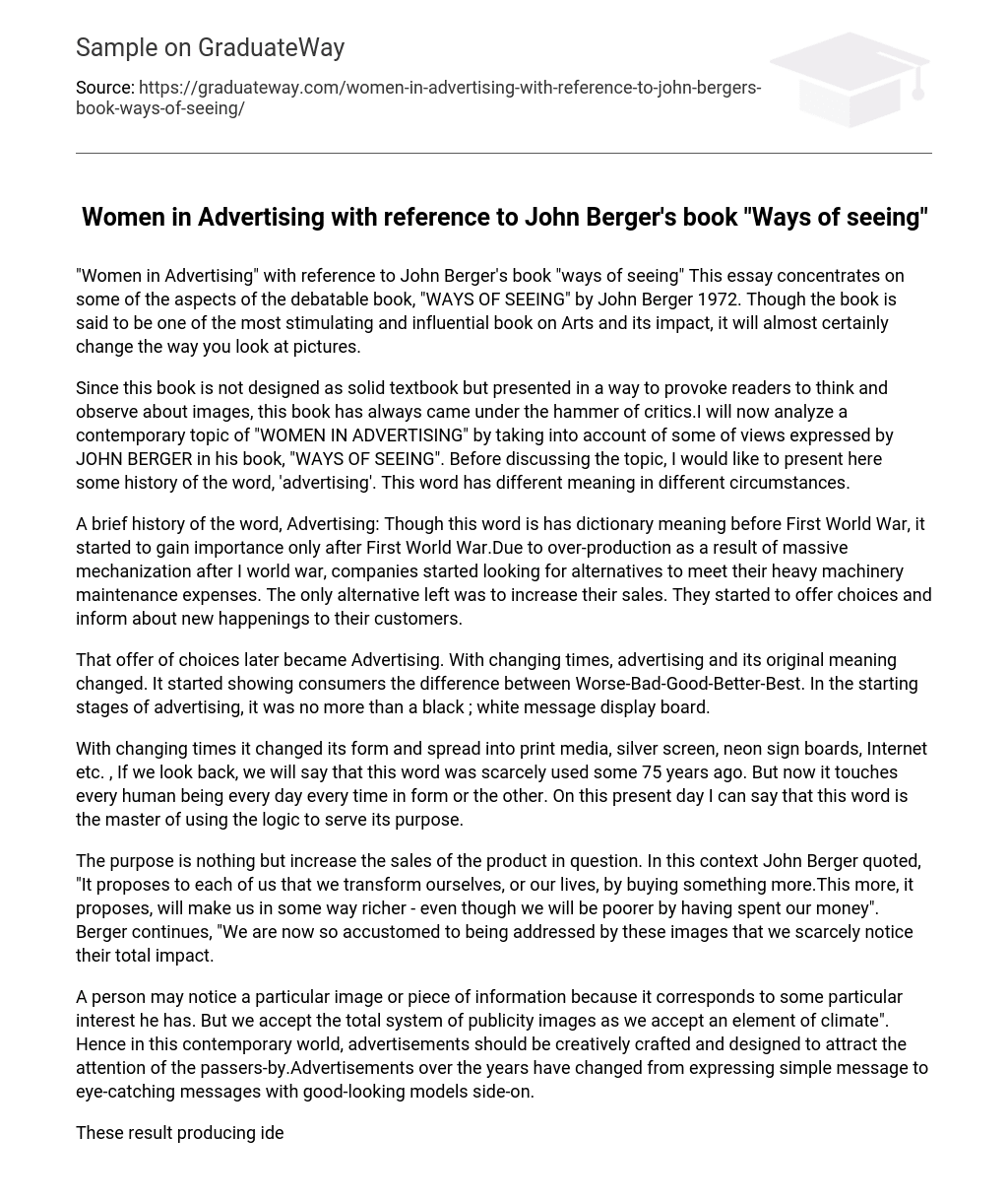 Women in Advertising with reference to John Berger’s book “Ways of seeing”