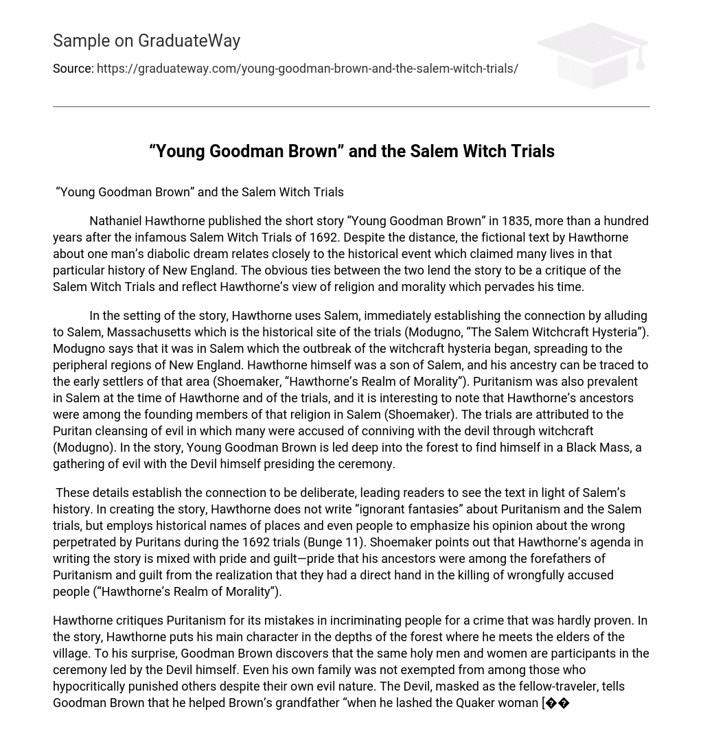 “Young Goodman Brown” and the Salem Witch Trials